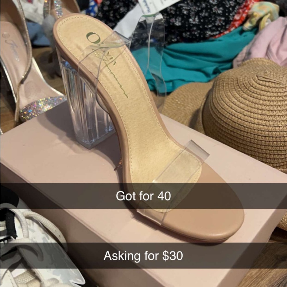 Clear strap tan heels with clear heel.